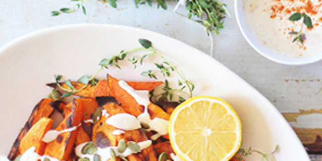 Crispy Roasted Sweet Potatoes with Lemon Tahini Dressing Crispy Roasted Sweet Potatoes with Lemon Tahini Dressing